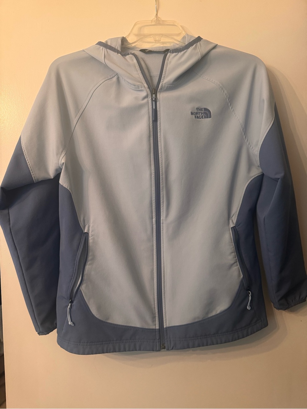 The North Face Light Blue and Slate Hooded Softshell Jacket